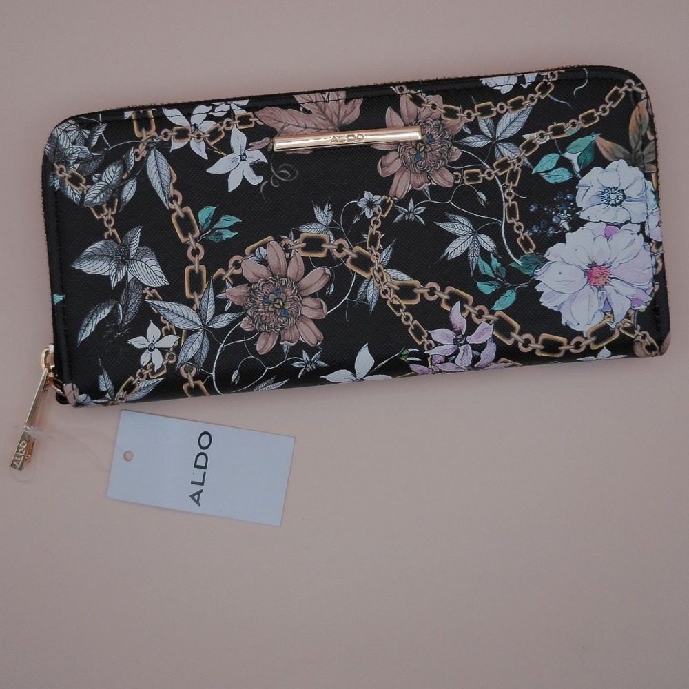 ALDO Floral Chain Print Zip Around Continental Wallet Clutch Black Gold‎ NEW